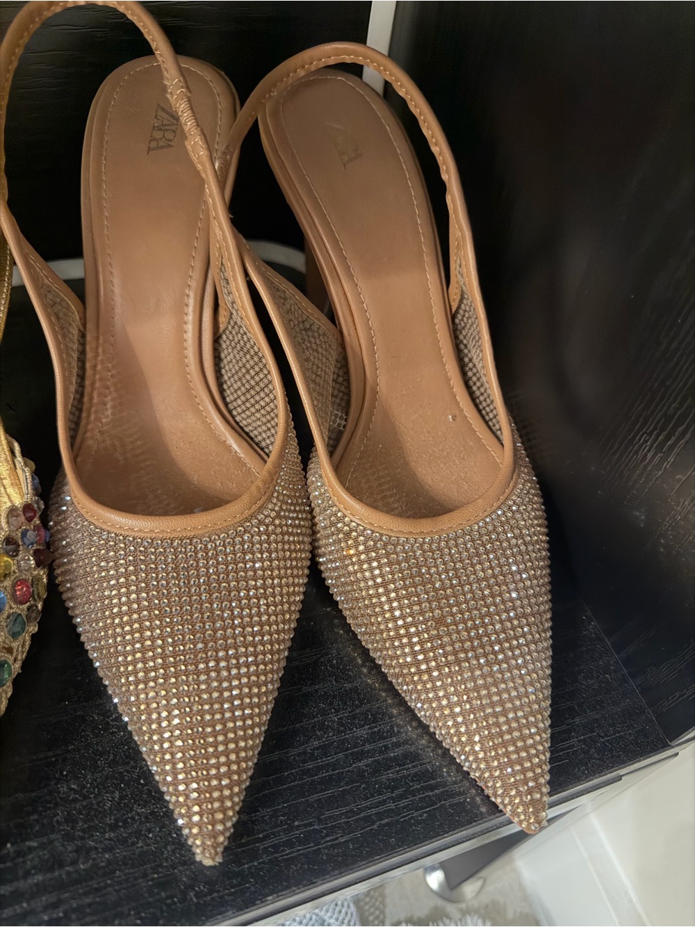 Zara Nude Crystal-Embellished Pointed Slingback Pumps